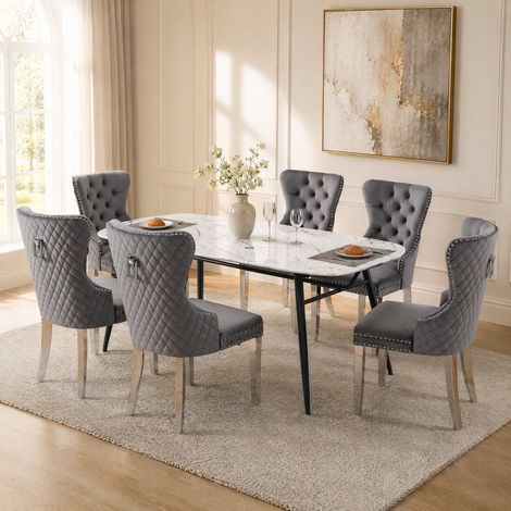 Lot 6 chaises repas 53x62,5x94,5 cm velours gris, pieds métal, pour salle à manger – MEUBLIV (1/5)