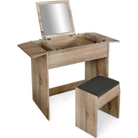 Moderne Schminktisch mit integriertem Spiegel und organisiertem Stauraum, 75 x 45 x 75 cm, in Eiche natur, inklusive passendem Hocker
