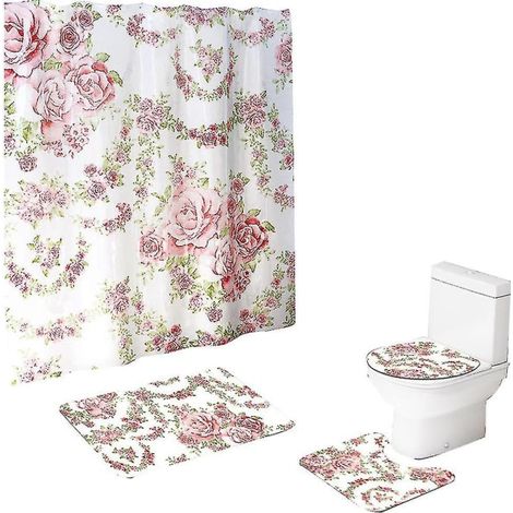 Lot de 4 accessoires de salle de bain roses - Rideau de douche avec tapis de sol, tapis en U, coussin de siège WC et plus, ensemble complet. (1/5)