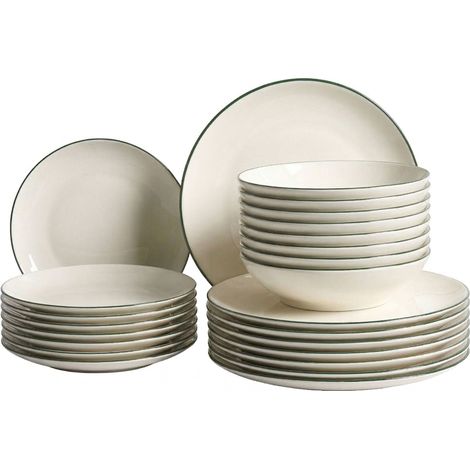 Service de Vaisselle en Porcelaine 24 Pièces avec Bordure Décorative Finition Émail Transparente Blanc Cassé et Vert Cumin