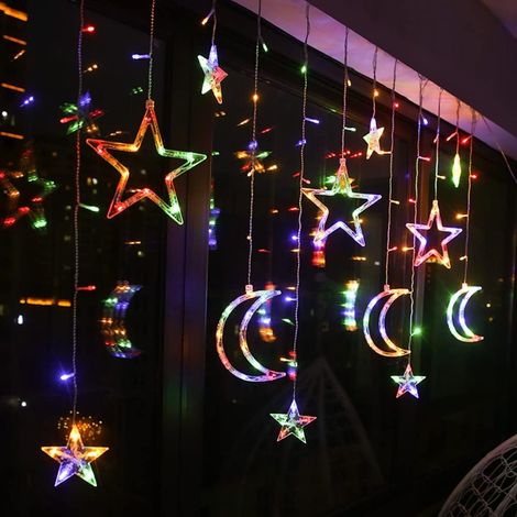 Rideau Lumineux étoile Lune, Lumières Colorées de Rideau de Fenêtre Avec Télécommande, Guirlandes Lumineuses pour Jardin, Terrasse, Maison, Décoration de Vacances de Nol