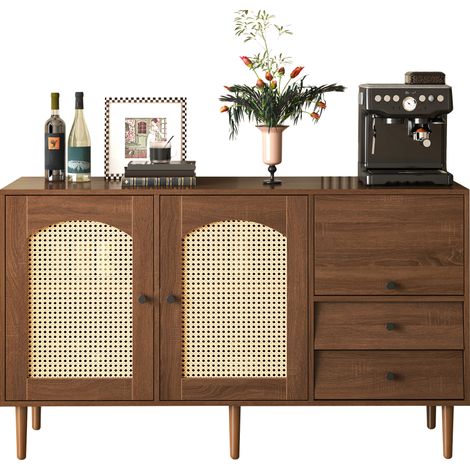 Buffet, en rotin, avec portes, avec étagères, 130 x 75,5 x 40 cm, pour maison et usage quotidien, format pratique, style moderne et facile à associer