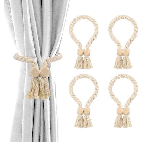 4 Pièces Embrasse Rideau Magnétique, Design Corde Et Bois, Sans Perçage, Pour Salon Et Chambre (1/5)