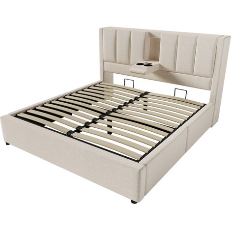 Cama doble tapizada 160x200 cm de lino beige con colchón, arcón, USB y Type-C (1/5)