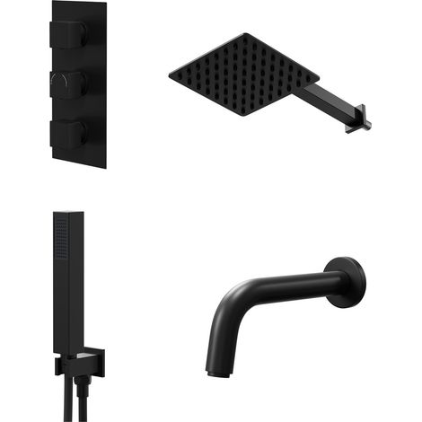 Colore Square Matt Black Concealed Triple Thermostatic Shower Valve with Diverter and 200mm Fixed Head with 345mm Wall Arm and Outlet Holder with Kit and Bath Spout - 3 Outlet (1/5)