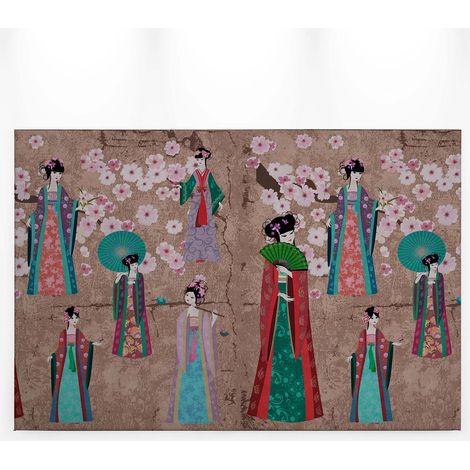 Tableau japonais femmes japonaises & fleurs roses | Tableau printemps idéal pour déco salon | Tableau sur toile fleuri coloré 0,9 x 0,6 m (1/5)