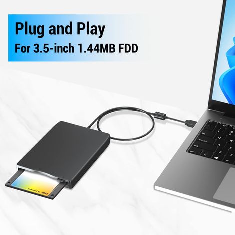 Externes USB-Diskettenlaufwerk, kompatibel mit 1,44 MB großen Disketten zum Lesen und Schreiben von Daten.