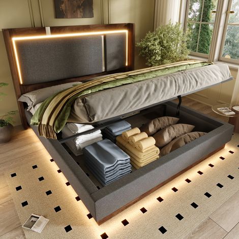 Letto contenitore per bambini/adulti 140x190 cm, imbottito con illuminazione a LED, meccanismo di sollevamento idraulico, stile retrò, lino grigio e legno (1/5)