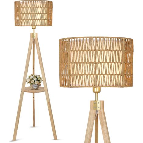 Lampadaire Salon, Lampadaire en Bois avec Etagère, Lampe sur Pied Vintage avec Abat-jour en Rotin & Lin, Lampe sur Pied en Rotin avec Trépied, Rétro Floor Lamp, Plancher Boho pour Chambre (1/5)
