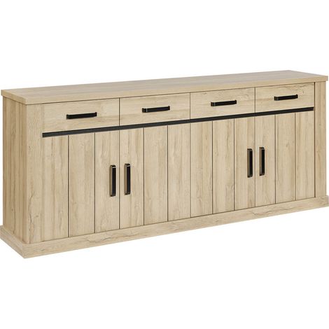 LORENZO - Buffet 4 Portes 4 Tiroirs Aspect Bois Chêne Clair Finition Frank (1/5)
