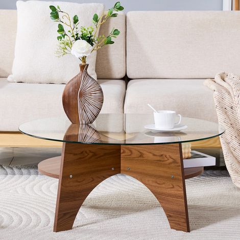 Table Basse Ronde en Verre Trempé - Ø 80 cm - Piétement Éventail Look Noyer - Pour Salon et Bureau - Transparent et Noyer (1/5)