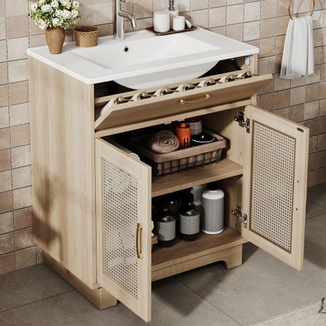 Meuble de salle de bain autoportant 76×46×88 cm, résistant à l'humidité, design de tiroirs relevables et double porte à fermeture douce, pieds hauts avec détails en rotin, vasque en céramique, couleur
