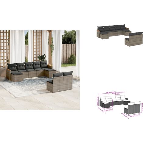 Salon de jardin 9 pcs avec coussins gris résine tressée - Ensemble Salon De Jardin - Canapé Extérieur - Mobilier De Jardin - Résine Tressée - Rotin Synthétique (1/3)