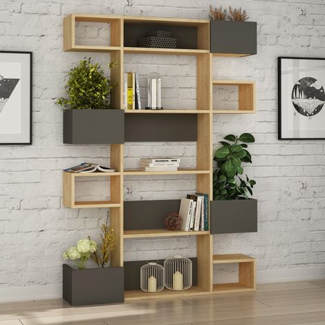 Cotecosy – Bibliothèque en mélamine 100 % – Chêne et anthracite – 171 cm de hauteur – 120 cm de largeur – 27 cm de profondeur – 5 étagères (1/5)