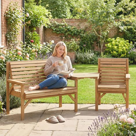 Ensemble de 3 chaises de jardin. Mobilier de balcon avec trou pour parasol. Chaise de jardin. Banc. Table amovible 121 x 65 x 90 cm, bois naturel. (1/5)