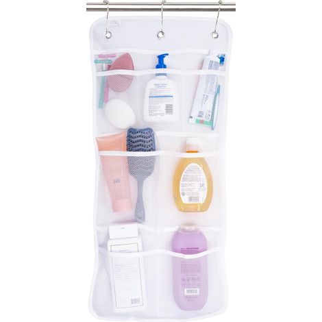 Weißer Duschvorhang-Organizer mit schnelltrocknendem Netzgewebe, 7 Taschen, Maße 35,6 x 76,2 cm.