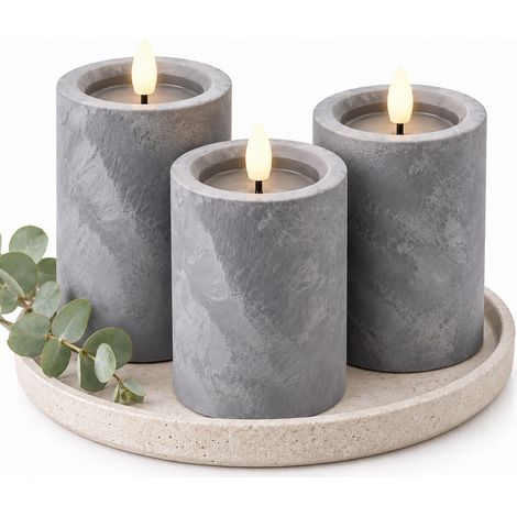 Relaxdays LED candles, set of 3, flickering flame, timer, concrete-look, flameless pillars, H x D: 12.5 x 7.5 cm, grey (1/5)