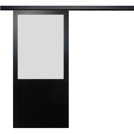 Puerta corredera Athena negra con vitrina H204 x L73 cm, riel de aluminio con banda negra, GD MENUISERIES (1/5)