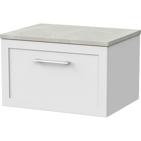 Stonnall Traditional Wall Hung 1 Drawer Vanity Unit with Marble Plaster Laminate Worktop, 600mm, Matt White