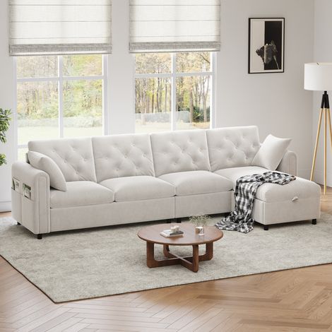 Divano angolare in velluto beige con contenitore e funzione letto, chaise longue reversibile, 281x132x86 cm (1/5)