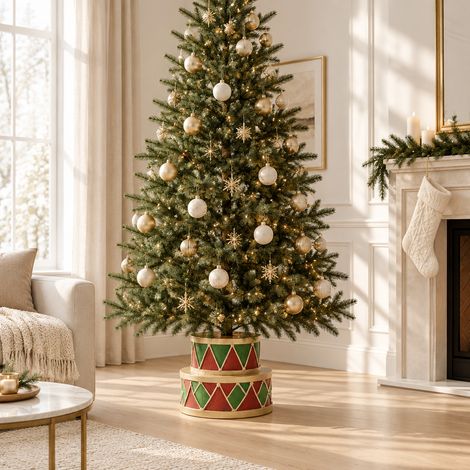 Base albero a forma di tamburello rosso, verde e oro per decorazioni natalizie (1/4)