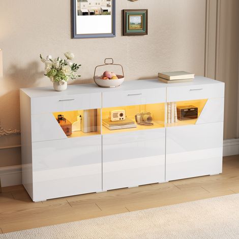Buffet Bas Brillant avec 3 Portes Vitrées et LED par Appli, Meuble de Rangement pour Salon et Salle à Manger, Panneaux de Particules - Blanc (1/5)
