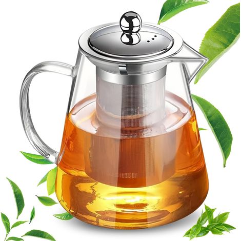 Théière de 1300 ml : service à thé en verre borosilicate avec infuseur amovible et couvercle en acier inoxydable, robuste et résistant à la chaleur pour le camping, les voyages, les tisanes et (1/5)