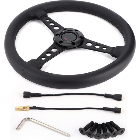 Volant de course en cuir noir 6 boulons 350 mm Style MOMO, couture noire avec bouton d'avertisseur (1/5)