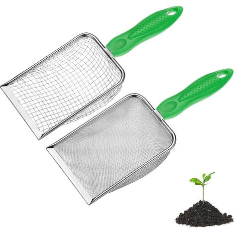 Tamis à terre jardin METERXITY lot de 2, maille 5/28 mm acier inoxydable, poignée antidérapante, pour sable, terre, cailloux, compost, blanc/vert (1/5)