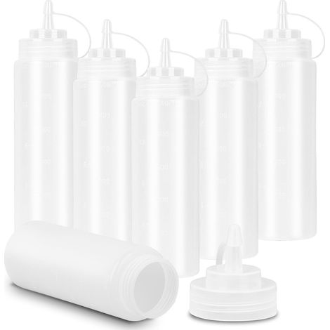 Squeeze Lot de 6 bouteilles à sauce, 240 ml, en plastique, avec bouchons, sans BPA, sans fuite, pour peindre, pâtisserie, ketchup, sauce piquante, huile d'olive, épices (1/5)