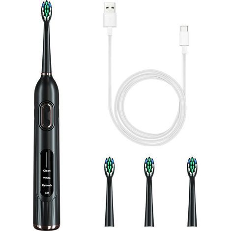 Brosse à dents électrique, 36000 oscillations / min, 3 modes, résistant à l'eau, conception ergonomique, 4 têtes incluses, noir (1/5)