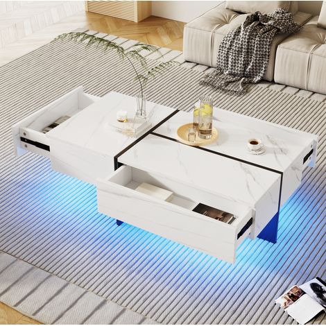 Mesa de centro LED 100x50x34,5 cm blanca con almacenaje para salón FloraGrace (1/5)