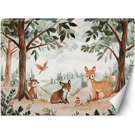 Tapete für Kinder Hirsche Vögel Waldtiere Beige 100x70 cm