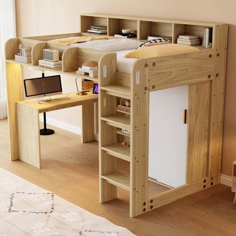 Hochbett 90x200 cm Naturholz aus MDF, Spanplatte und Sperrholz mit Schreibtisch, Kleiderschrank, Stauraum, LED und Steckdose (1/5)