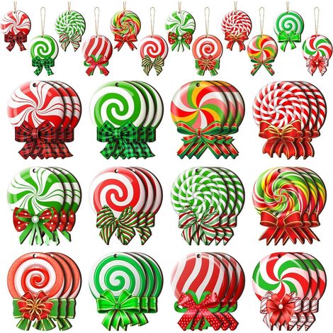 36 piezas de adornos navideños en forma de piruleta, 12 estilos, colgantes de madera de 8 cm con forma de árbol de dulces con cuerda para coronas, ventanas, chimeneas, puertas, árboles de Navidad y de
