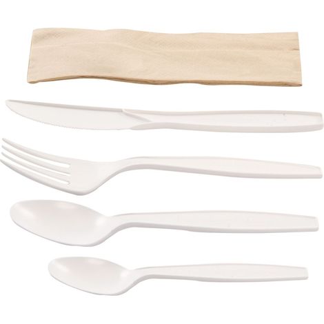 Kit couverts blanc 5 en 1 en maïs : couteau + fourchette + cuillère + petite cuillère + serviette kraft - 500 unités - Betik