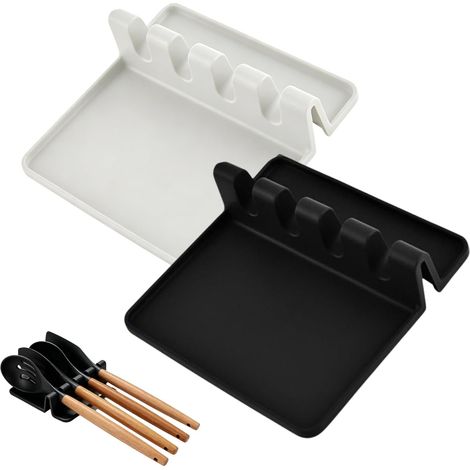 Lot de 2 repose-cuillères en silicone, étagère de rangement, porte-cuillère, support pour tasse à café et cuillère à café, sans BPA, porte-couverts (noir + blanc) (1/5)