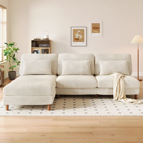 Neche Skandinavisches 3-Sitzer-Sofa + Chaiselongue in beigem Cord, Walnussbeine, 256 cm x 94 cm x 88 cm, elegantes und langlebiges Design