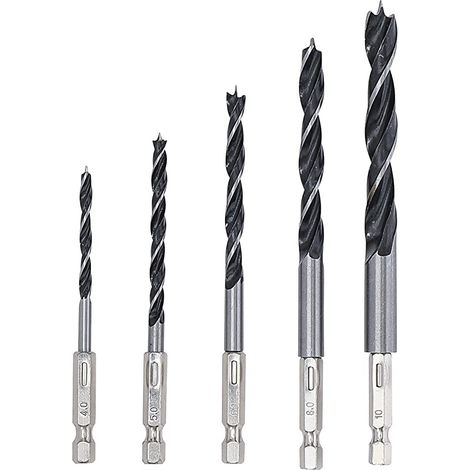 Bgs Technic – Lot de 5 mèches à bois 4-10 mm – 6 pans 1/4 pour visseuses – Poinçons de centrage – Tranchant épaulé (1/3)