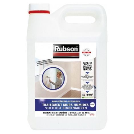 Rubson – Traitement hydrofuge anti-salpêtre pour murs intérieurs – Durcisseur de plâtre 5L – Triple efficacité – 100% invisible