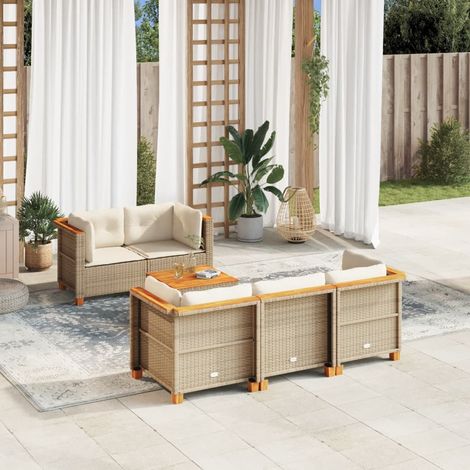 Ensemble Salon Jardin 6 Places Résine Tressée Beige avec Coussins - Table Acacia - Modulaire (1/4)