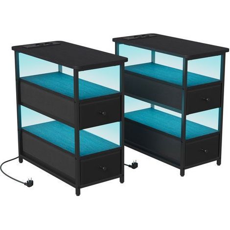 Lote de 2 mesas auxiliares de 2 niveles - Mesa consola - 2 cajones y LED - Mesa baja industrial - Mesa de sofá - Mesita de noche