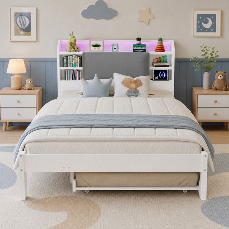 Lit 120x200 avec lit gigogne 90x190, tête de lit rembourrée, LED, blanc HAVRYA (1/5)