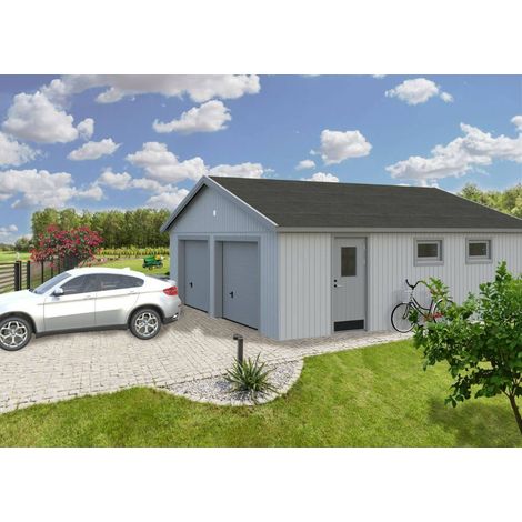 Abri de jardin en bois 44,7 m² – Épaisseur des murs 160 mm – Dimensions extérieures 576 x 557 cm – Porte sectionnelle isolée double vitrage – Palmako (1/4)