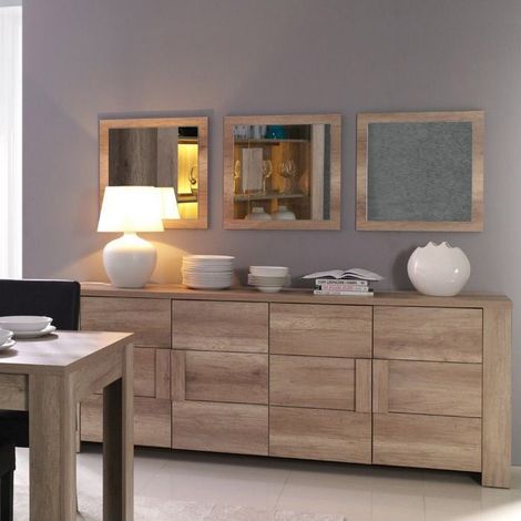 Meublorama – Buffet 4 portes en chêne dab sonoma – Dimensions 216x85x47 cm – 3 miroirs carrés 60x60 cm – Rangement élégant pour salon ou salle à manger