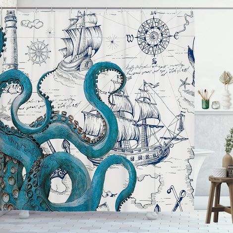 Rideau de douche en polyester imperméable avec pieuvre - Bleu sarcelle - 183 x 183 cm (1/5)