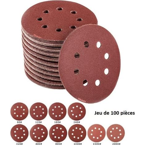 Disques de Ponçage Papier Abrasifs 125mm, 100 Disques Abrasifs de Ponçage Ponceuse Tampons Ponçage Ronds 8 Trous Pour Poncer Polir (1/4)