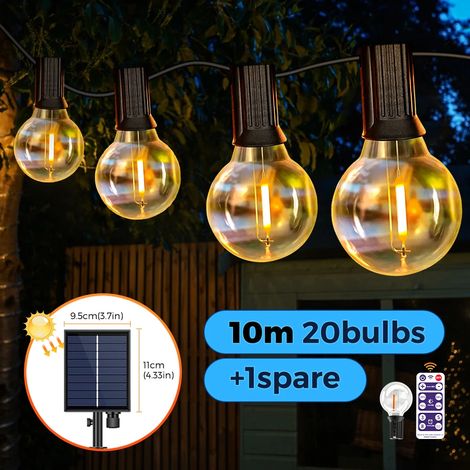 Guirlande lumineuse solaire extérieure (10 m, 21 ampoules) avec ampoules LED incassables G40, résistante aux intempéries et idéale pour un coin repas dans votre jardin. (1/5)