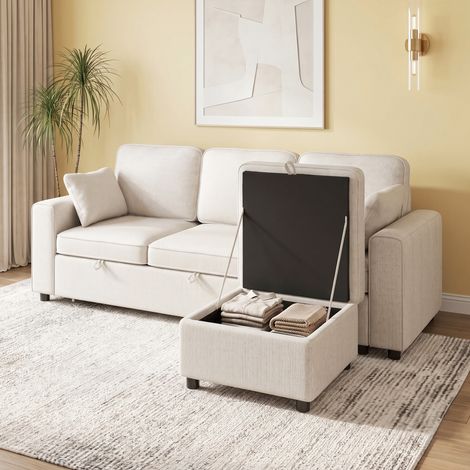 Canapé d'Angle Convertible en Chenille, Canapé-Lit 3 Places Modulaire 225 cm avec Pouf de Rangement, Beige (1/5)