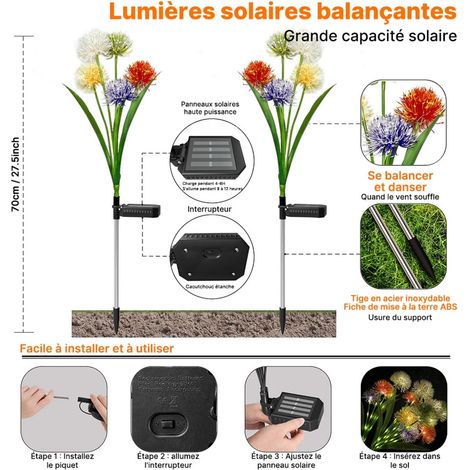 Lucioles Solaire Jardin, 2 Pièces Lampe Solaire Exterieur Jardin Pissenlit, IP65 Imperméable Eclairage Lumiere Exterieure Avec 5 LEDs Pour Terrasse, Pelouse, Cour et Chemins, Blanc Chaud (1/4)